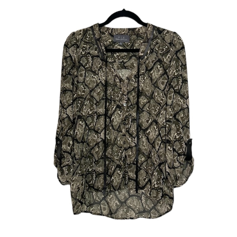 PJK PATTERSON J. KINCAID Brown Snake Print Sheer Top with leather trim